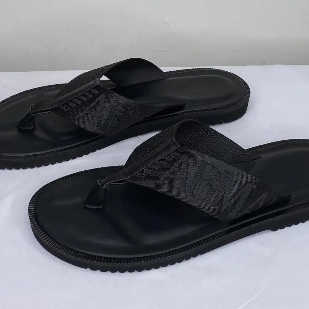 NEW EMPORIO ARMANI Mens Sandals Black Size 11 Logo Tape Thong Slip-On Flat